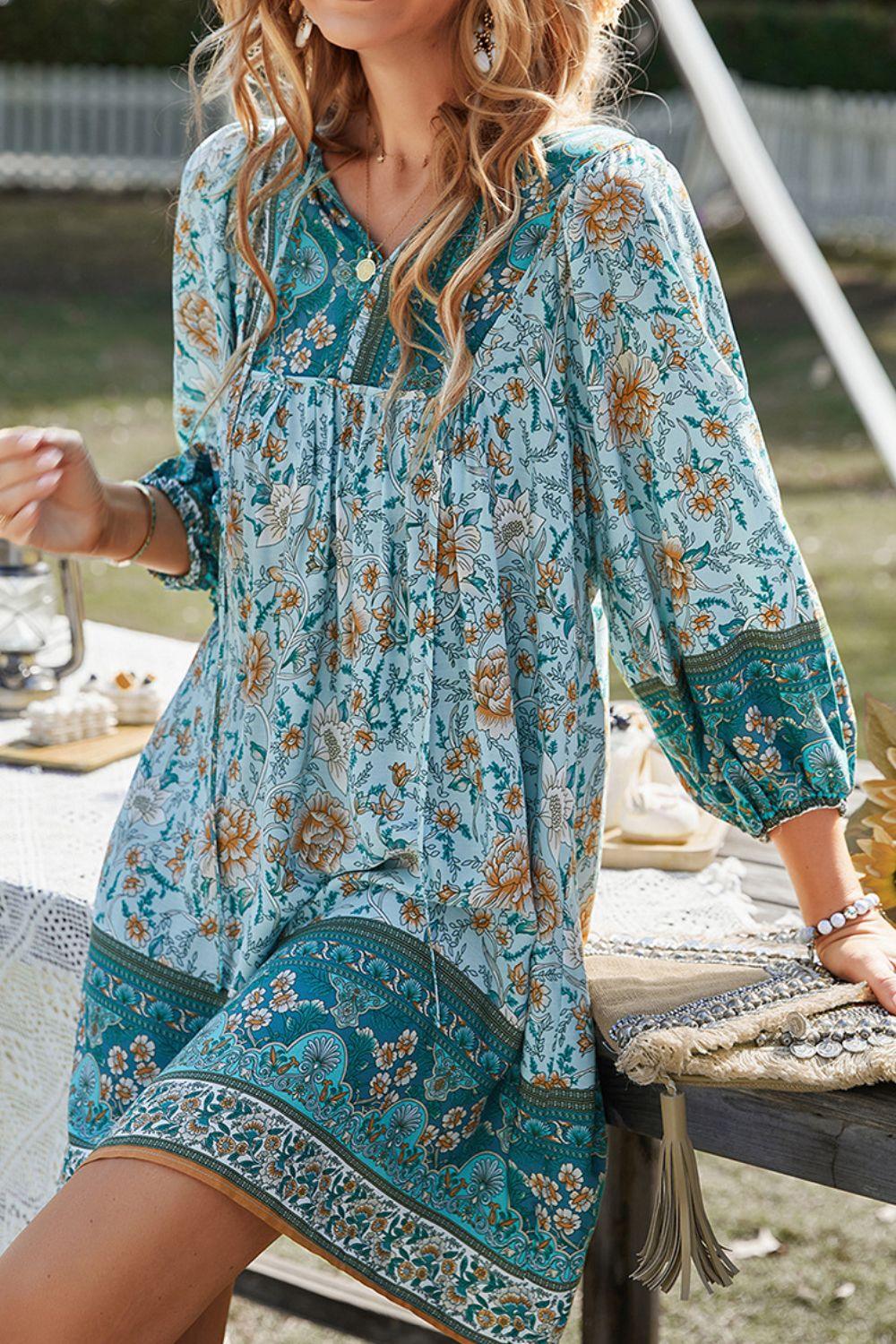 Devine Printed Tie Neck Mini Dress - Clothes For Her Online Store