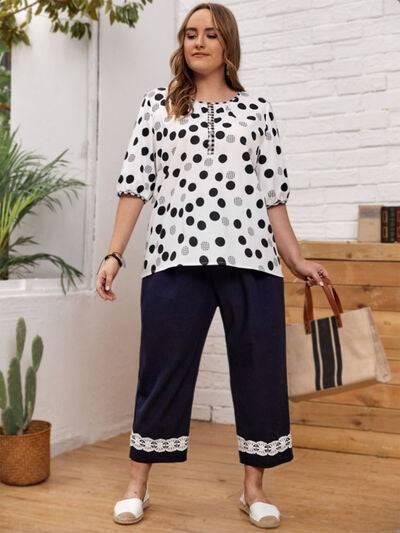 Plus Size Polka Dot Round Neck Half Sleeve Blouse - Clothes For Her Online Store