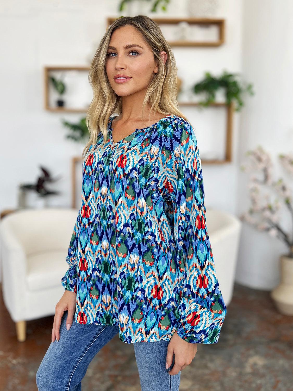 Double Take Full Size Printed Balloon Sleeve Blouse - Clothes For Her Online Store