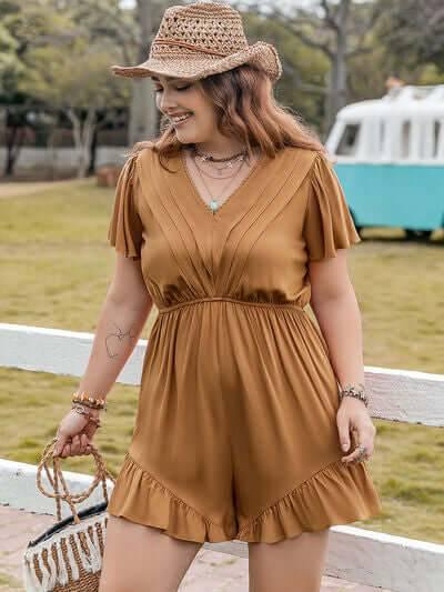Plus Size Ruffled V-Neck Short Sleeve Romper - Clothes For Her Online Store