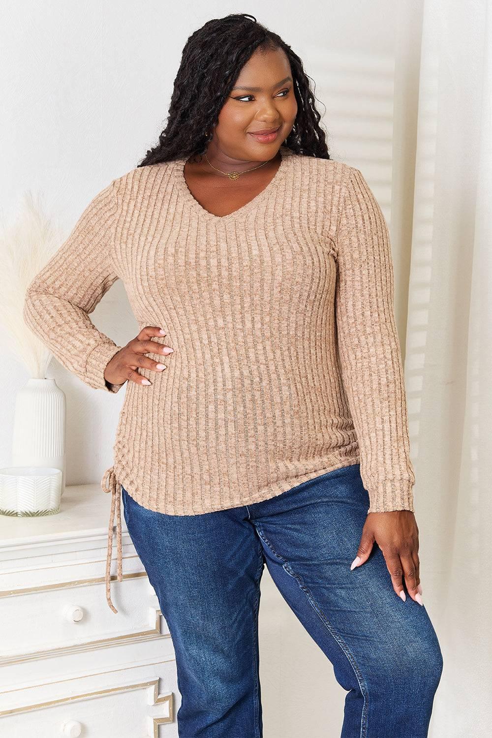 Double Take Drawstring Ribbed Long Sleeve T-Shirt - Clothes For Her Online Store
