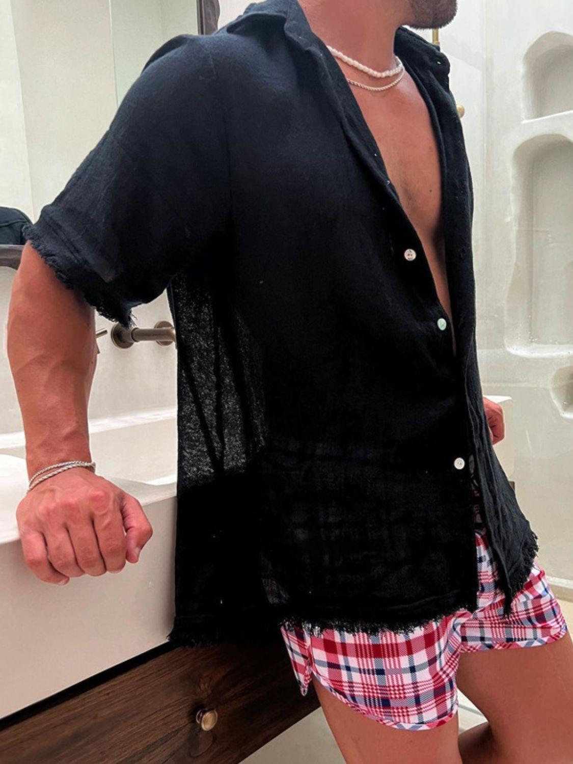 Men's Plus Size Raw Hem Button Down Collared Neck Shirt - Clothes For Her Online Store