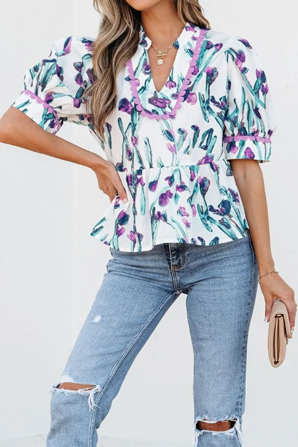 Floral Ricrac Trim Half Sleeve Peplum Top - Clothes For Her Online Store