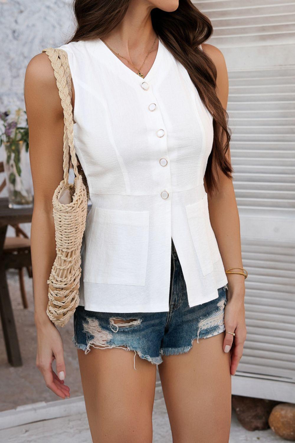 Devine Button Down V-Neck Sleeveless Top - Clothes For Her Online Store