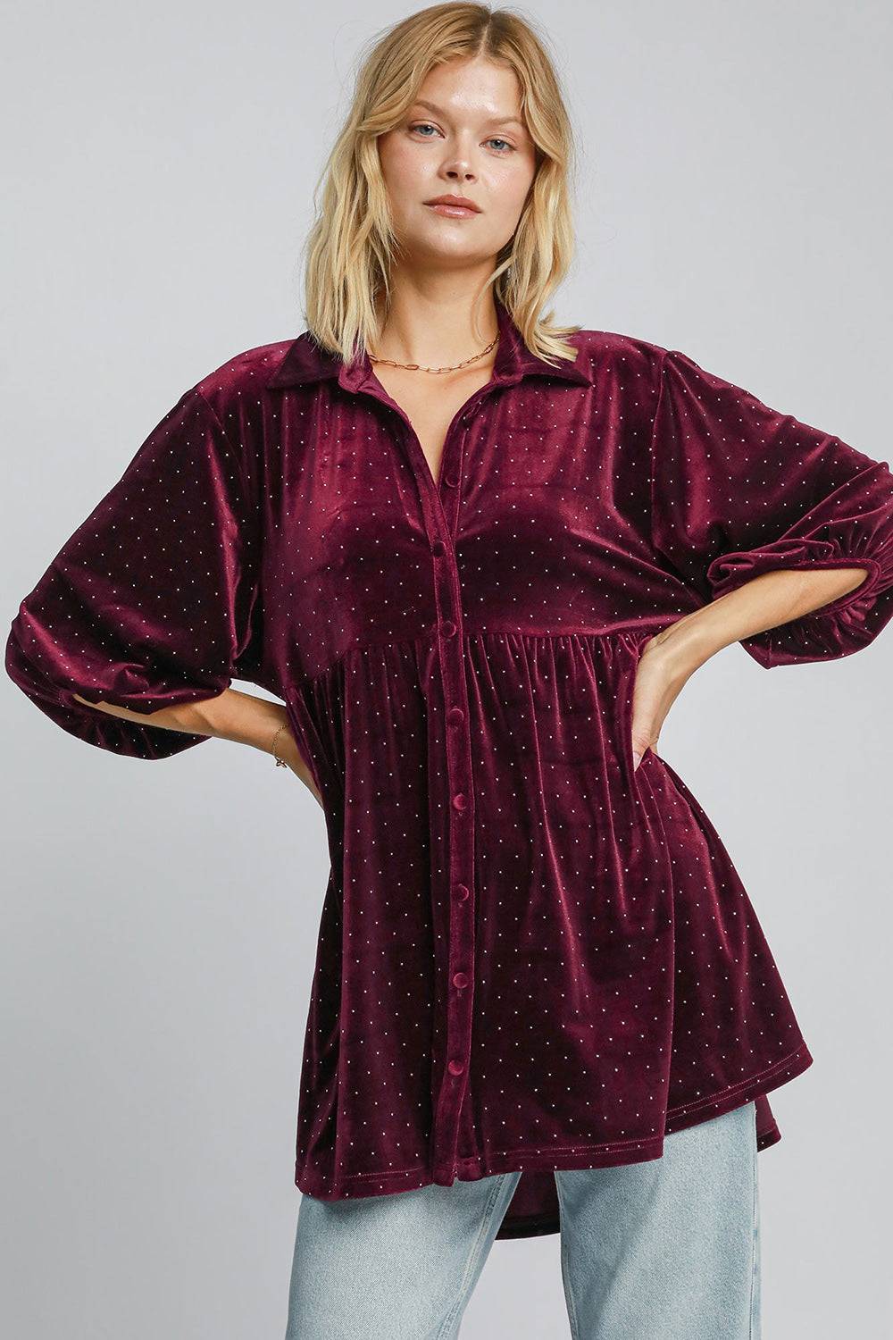 Umgee Full Size Polka Dot Button Up Half Sleeve Shirt - Clothes For Her Online Store