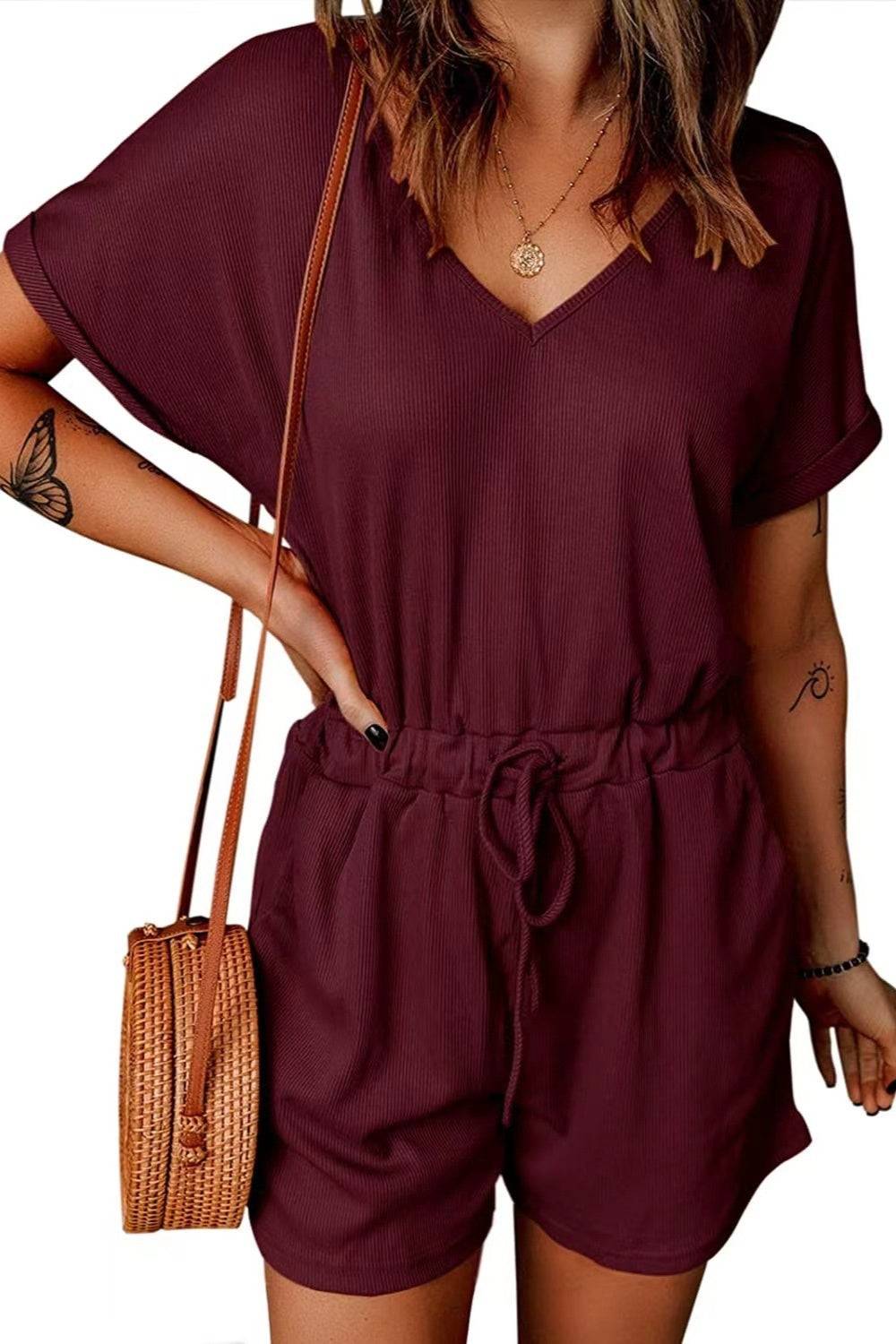 Full Size Drawstring V-Neck Short Sleeve Romper - Clothes For Her Online Store