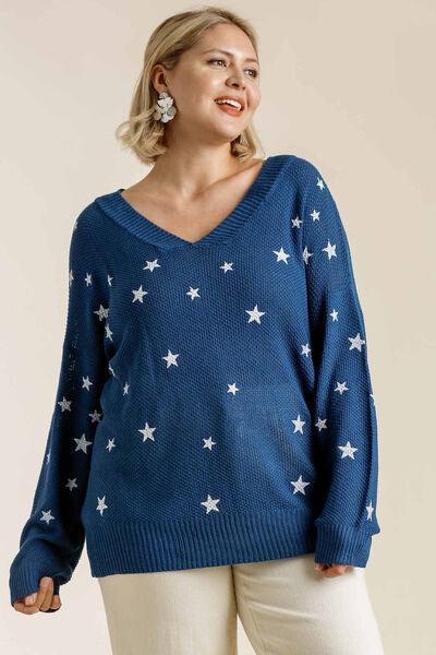 Umgee Full Size Star V-Neck Long Sleeve Sweater Plus Size - Clothes For Her Online Store