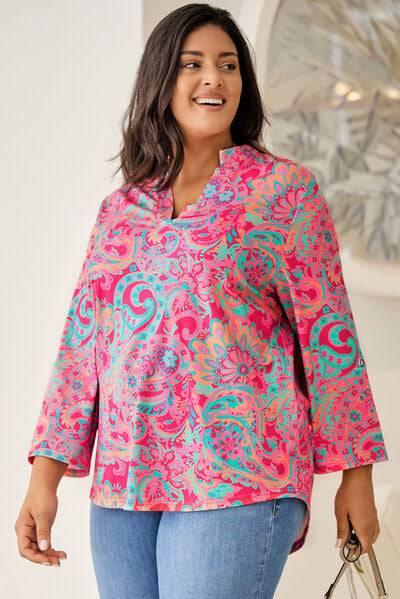 Plus Size Printed Notched Long Sleeve Blouse - Clothes For Her Online Store