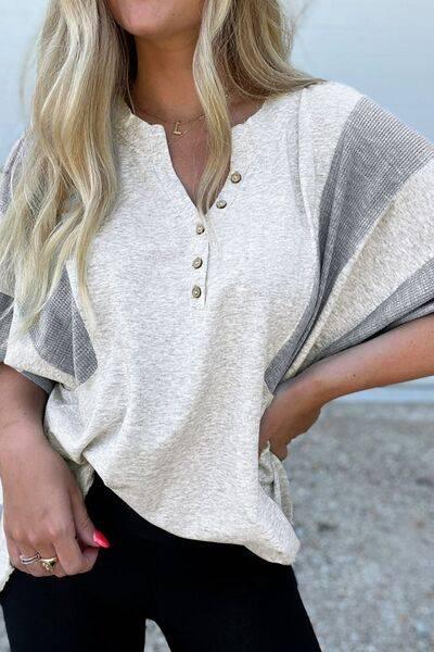 Two Tone Contrast Waffle Knit Patched Buttoned V Neck Top - Clothes For Her Online Store