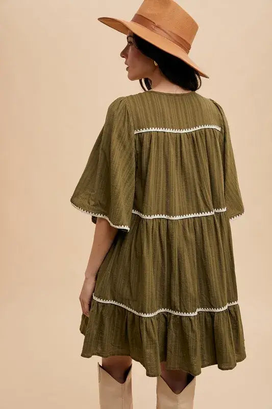 Annie Wear Tassel Contrast Trim Tie Neck Half Sleeve Tiered Dress