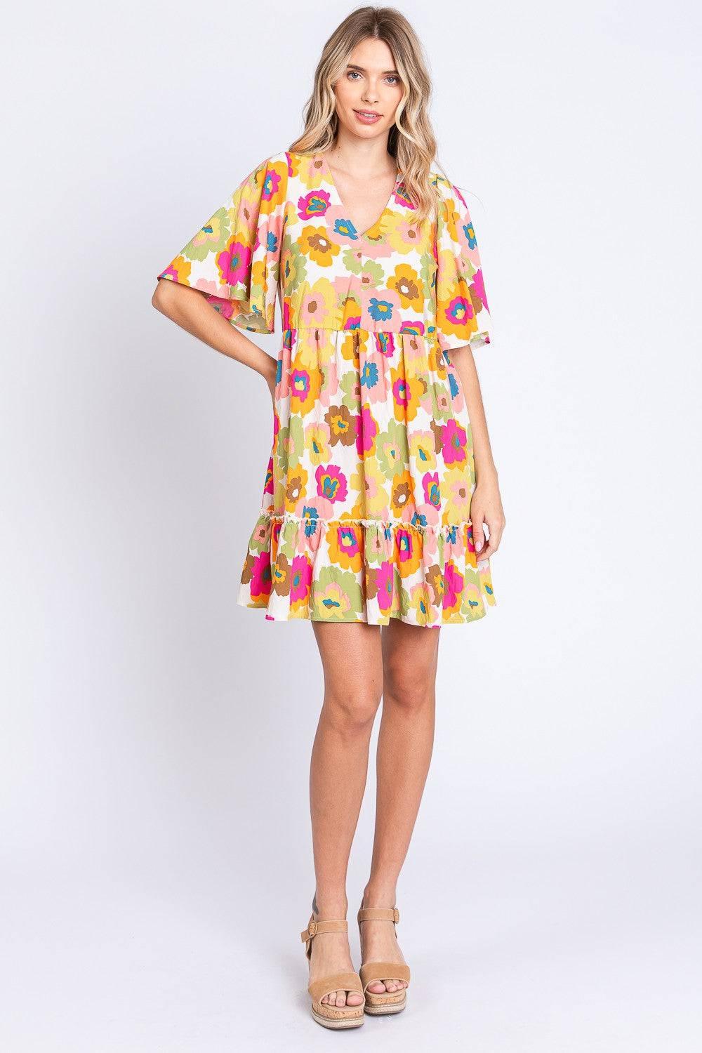 GeeGee Floral V-Neck Ruffle Hem Mini Dress - Clothes For Her Online Store