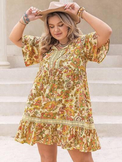 Plus Size Printed Tie Neck Short Sleeve Mini Dress - Clothes For Her Online Store
