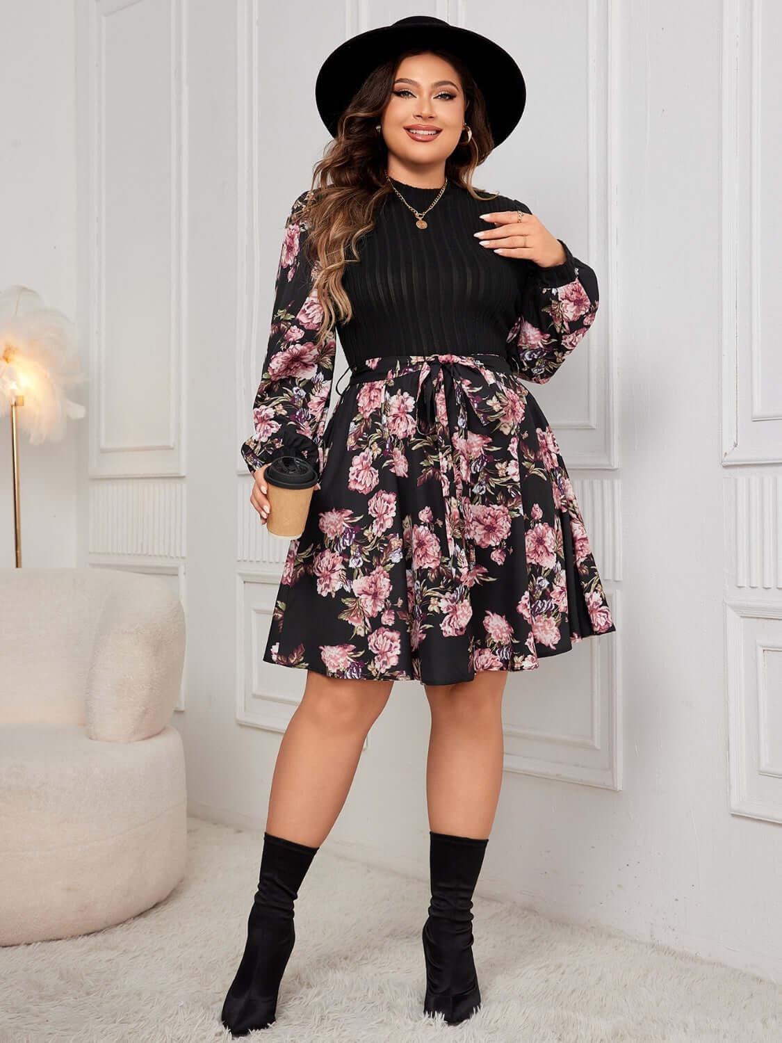 Plus Size Tied Printed Long Sleeve Dress - Clothes For Her Online Store