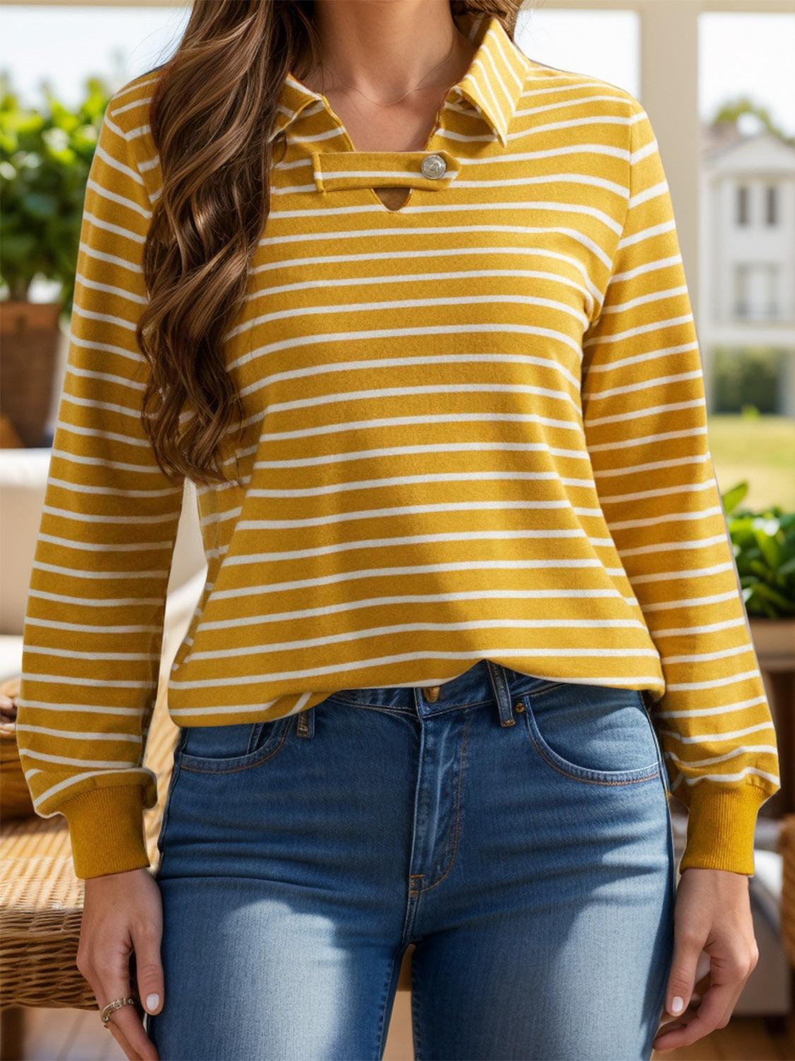 Striped Johnny Collar Long Sleeve T-Shirt - Clothes For Her Online Store
