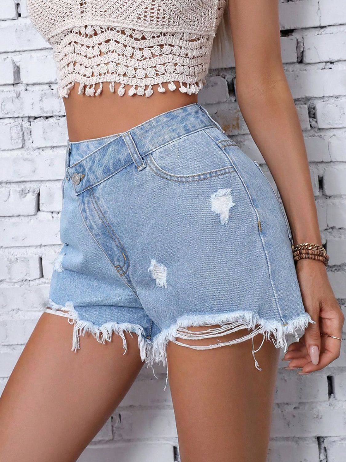 Distressed Raw Hem Denim Shorts - Clothes For Her Online Store