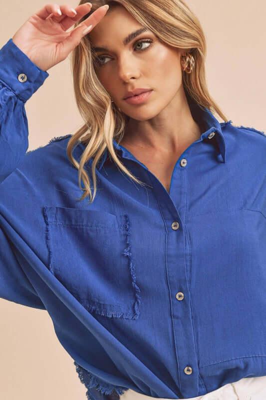 Aemi + Co Raw Edge Exposed Seam Collared Neck Long Sleeve Shirt - Clothes For Her Online Store