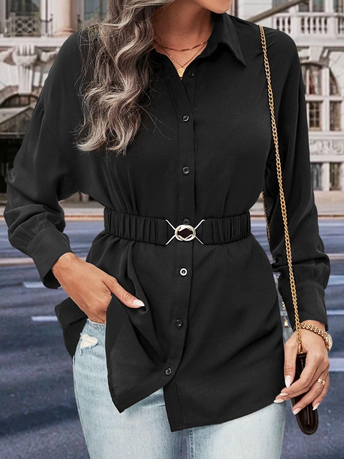 Perfee Collared Neck Button Down Long Sleeve Shirt - Clothes For Her Online Store