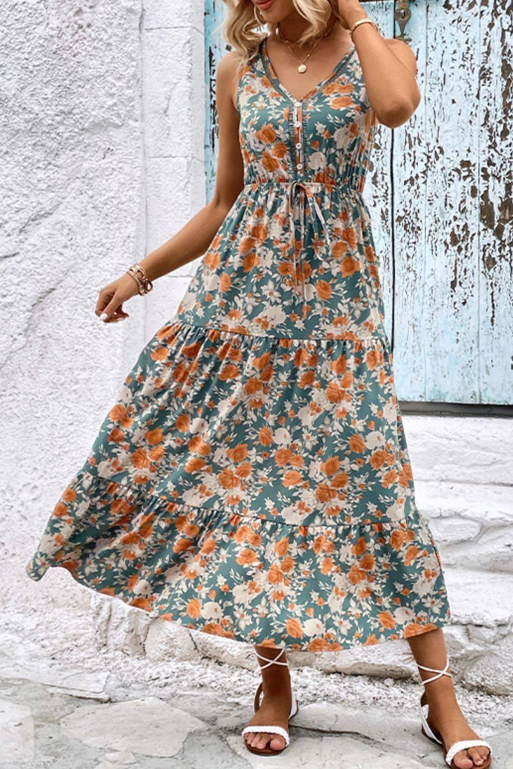 Perfee Floral V-Neck Tiered Sleeveless Dress - Clothes For Her Online Store