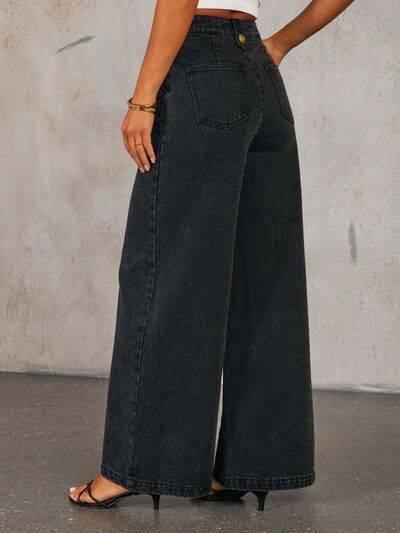Button Decor High Rise Wide Leg Jeans - Clothes For Her Online Store