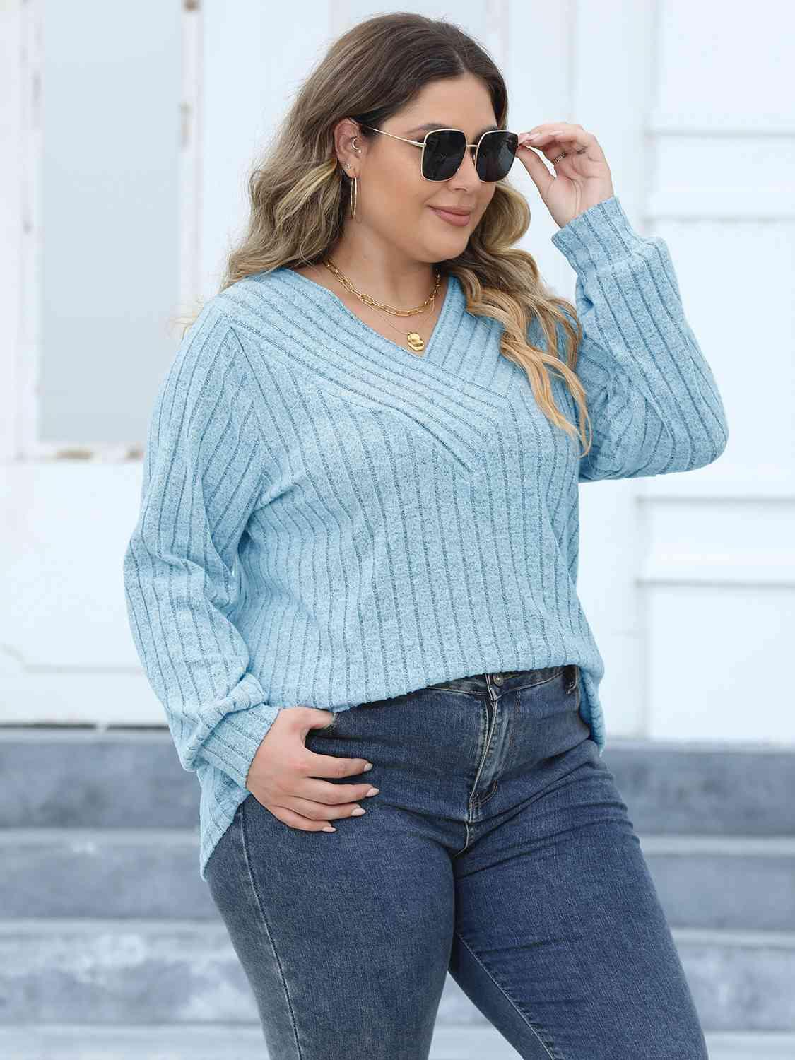 Plus Size Ribbed V-Neck Long Sleeve Top - Clothes For Her Online Store