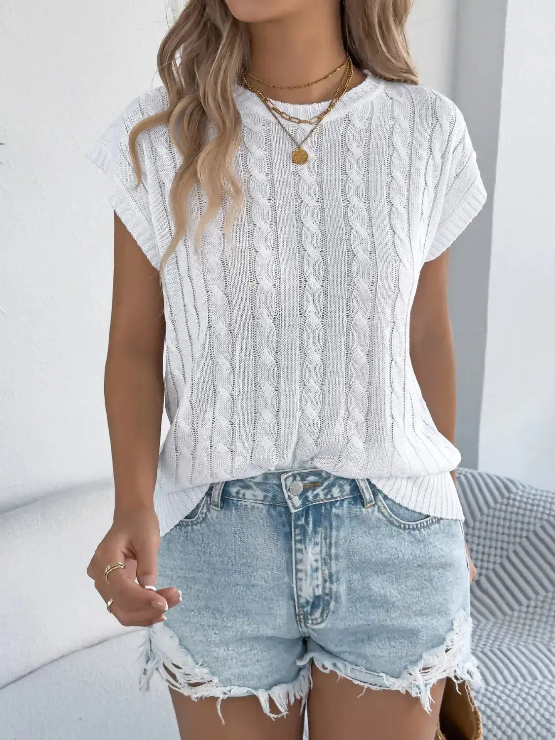 Cable-Knit Round Neck Knit Top - Clothes For Her Online Store