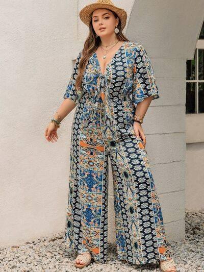 Plus Size Printed Half Sleeve Wide Leg Jumpsuit - Clothes For Her Online Store