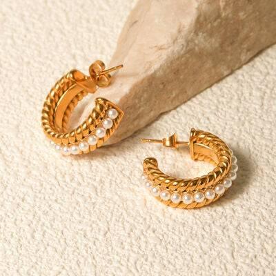 Stainless Steel Pearl C-Hoop Earrings - Clothes For Her Online Store