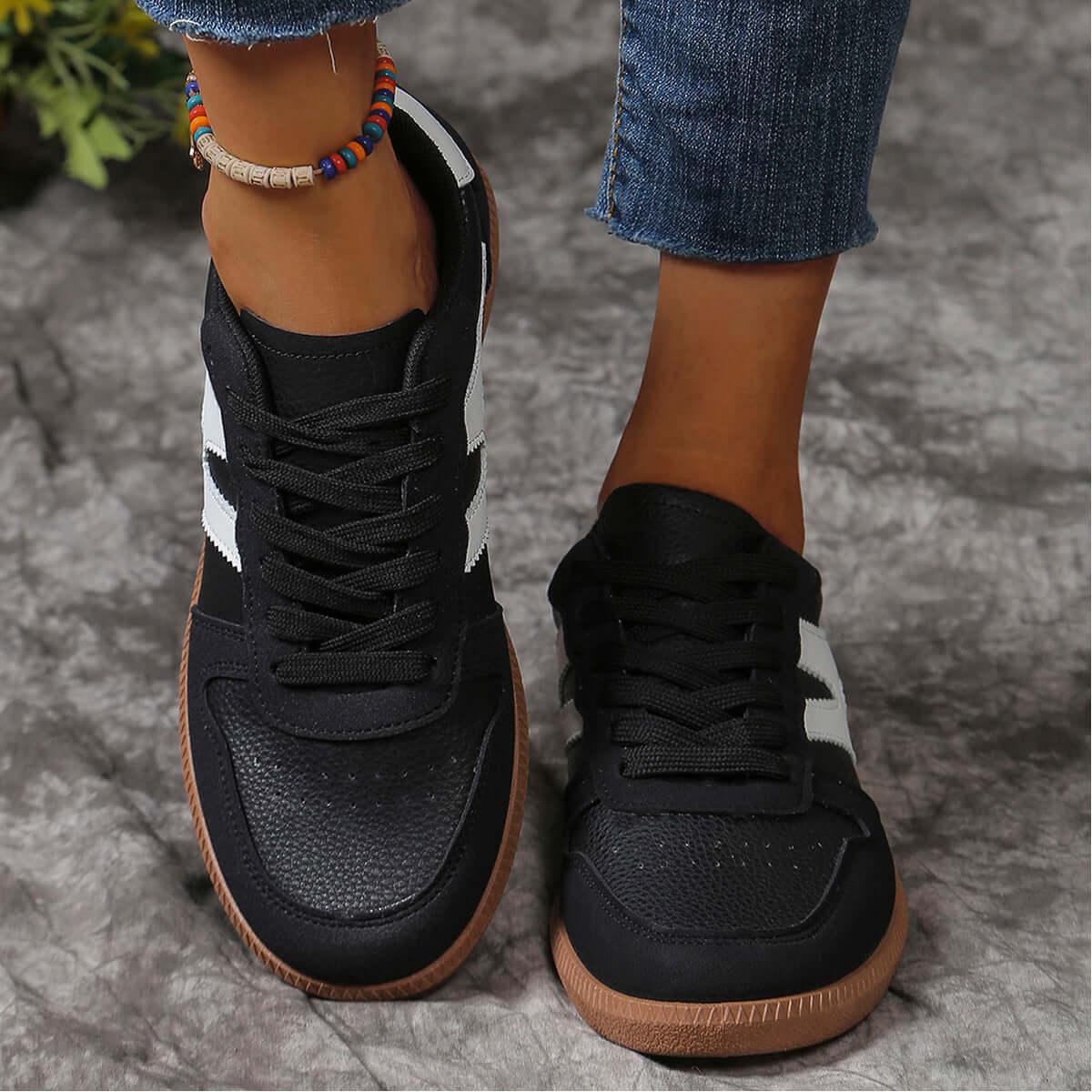 Contrast Lace Up Round Toe Flats Sneakers - Clothes For Her Online Store