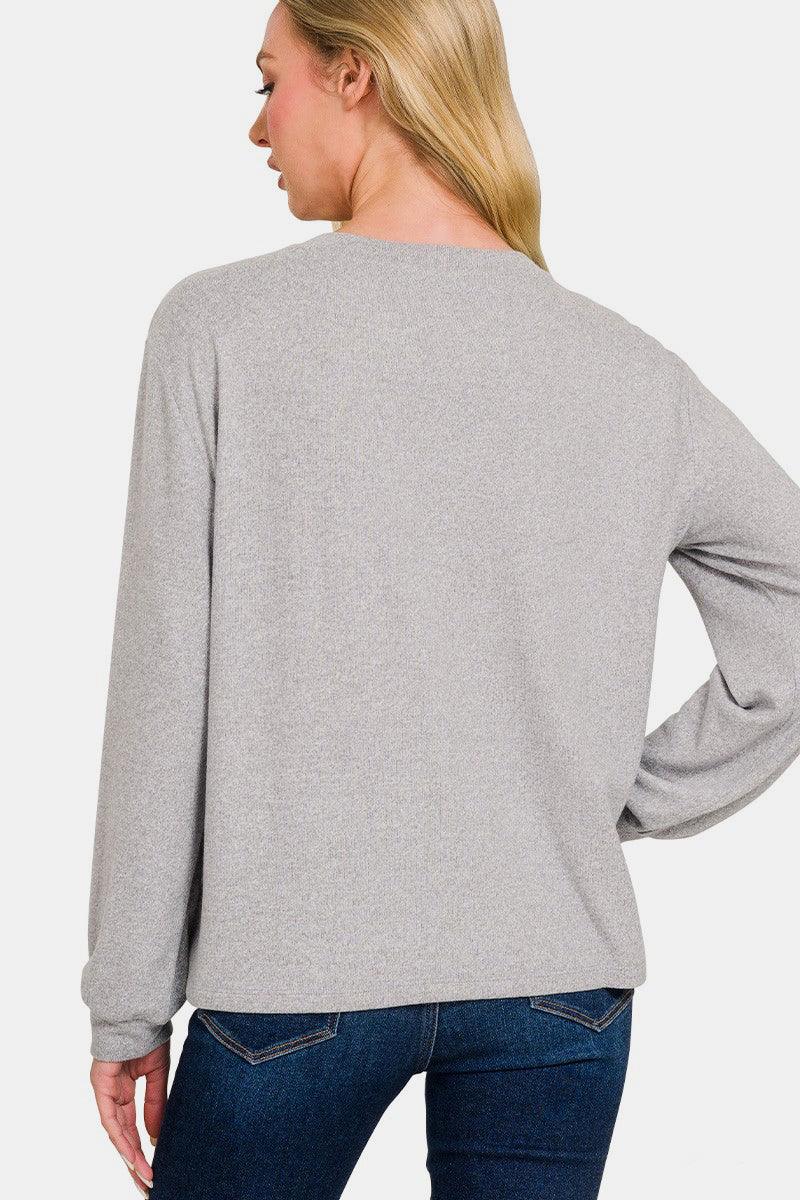 Zenana Hacci Round Neck Long Sleeve T-Shirt - Clothes For Her Online Store