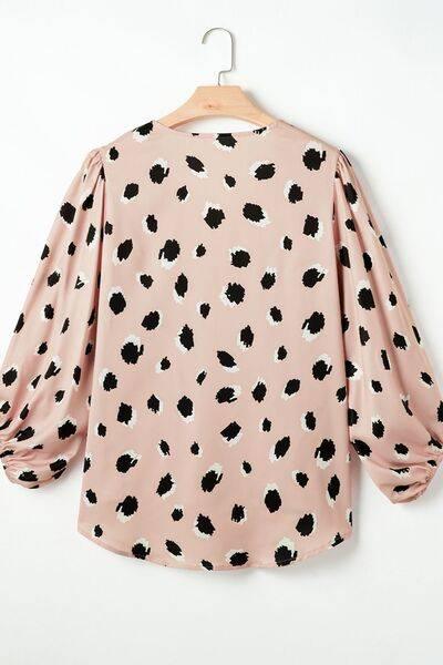 Contrast Animal Print V-Neck Long Sleeve Blouse - Clothes For Her Online Store