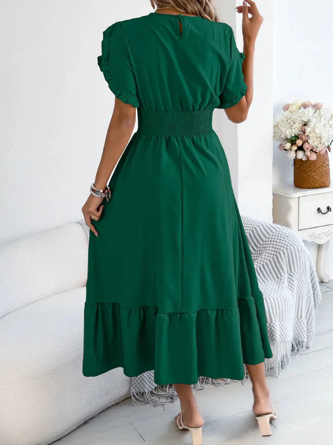 Smocked Frill Round Neck Midi Dress - Clothes For Her Online Store