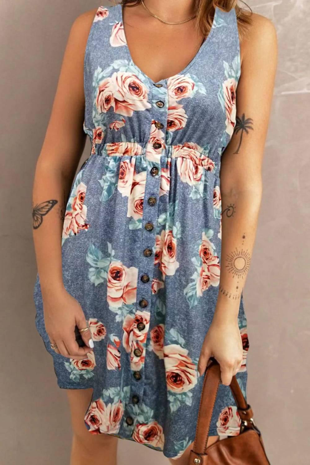 Double Take Printed Scoop Neck Sleeveless Buttoned Magic Dress with Pockets - Clothes For Her Online Store