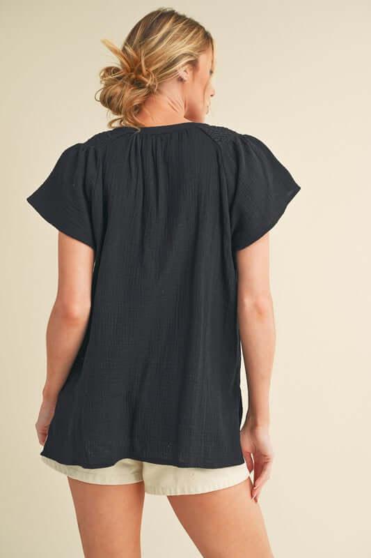 Aemi + Co Embroidered Trim Side Slit Notched Short Sleeve Blouse - Clothes For Her Online Store