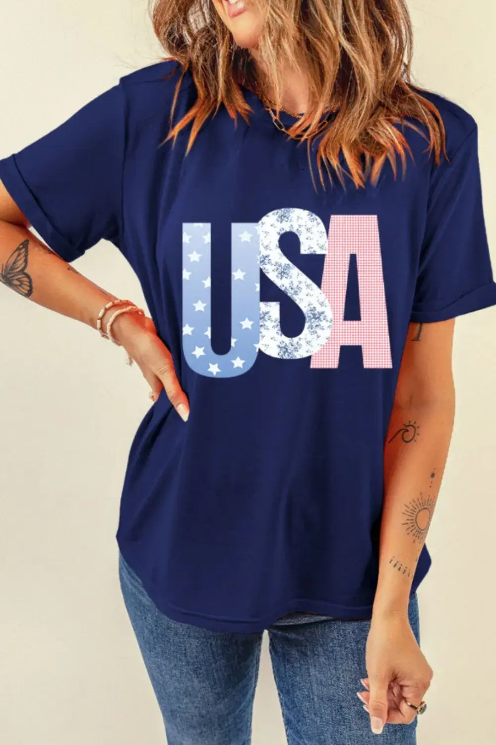 USA Letter Round Neck T-Shirt