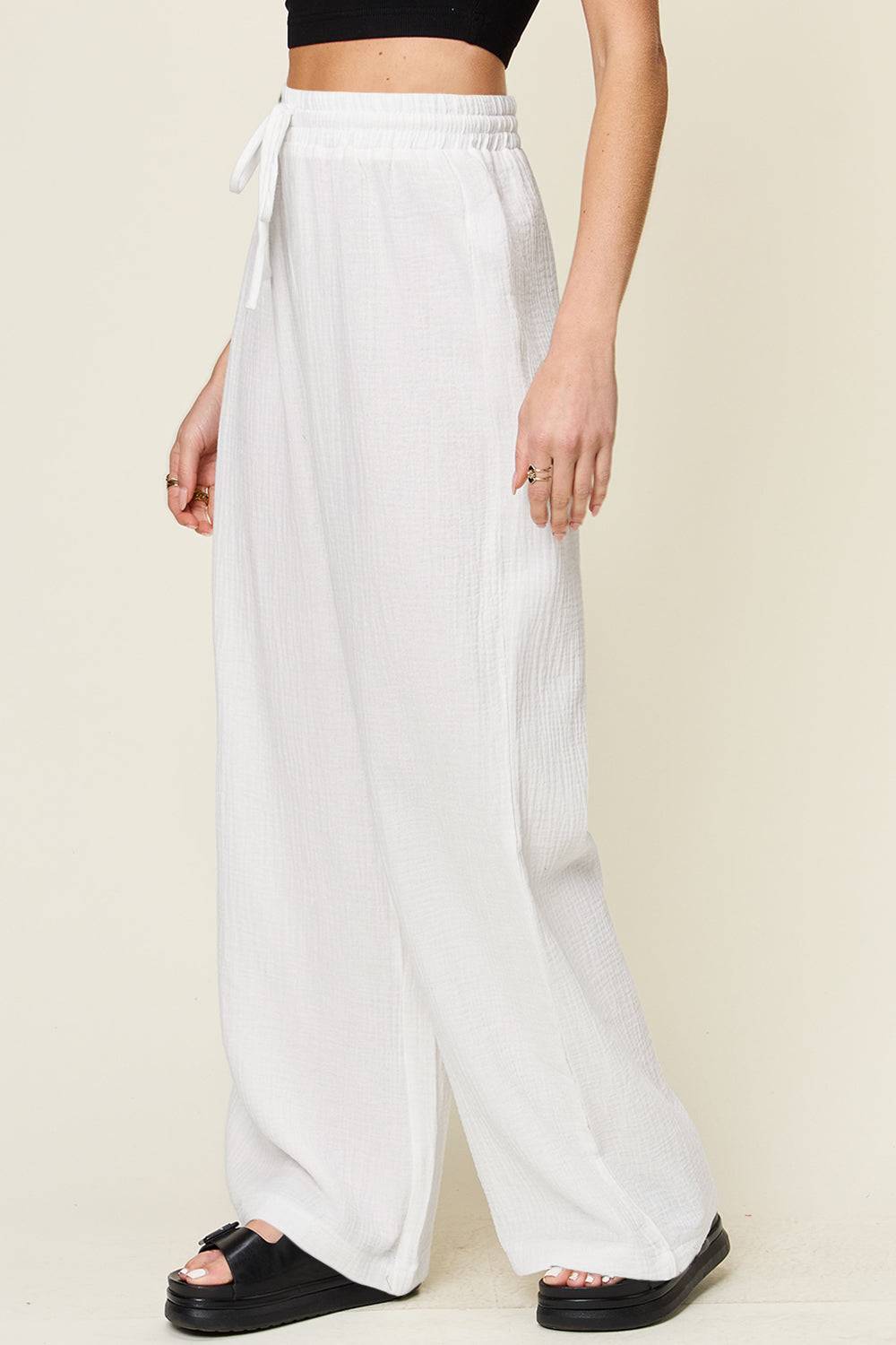 Double Take Full Size Texture Drawstring Wide Leg Pants - Clothes For Her Online Store