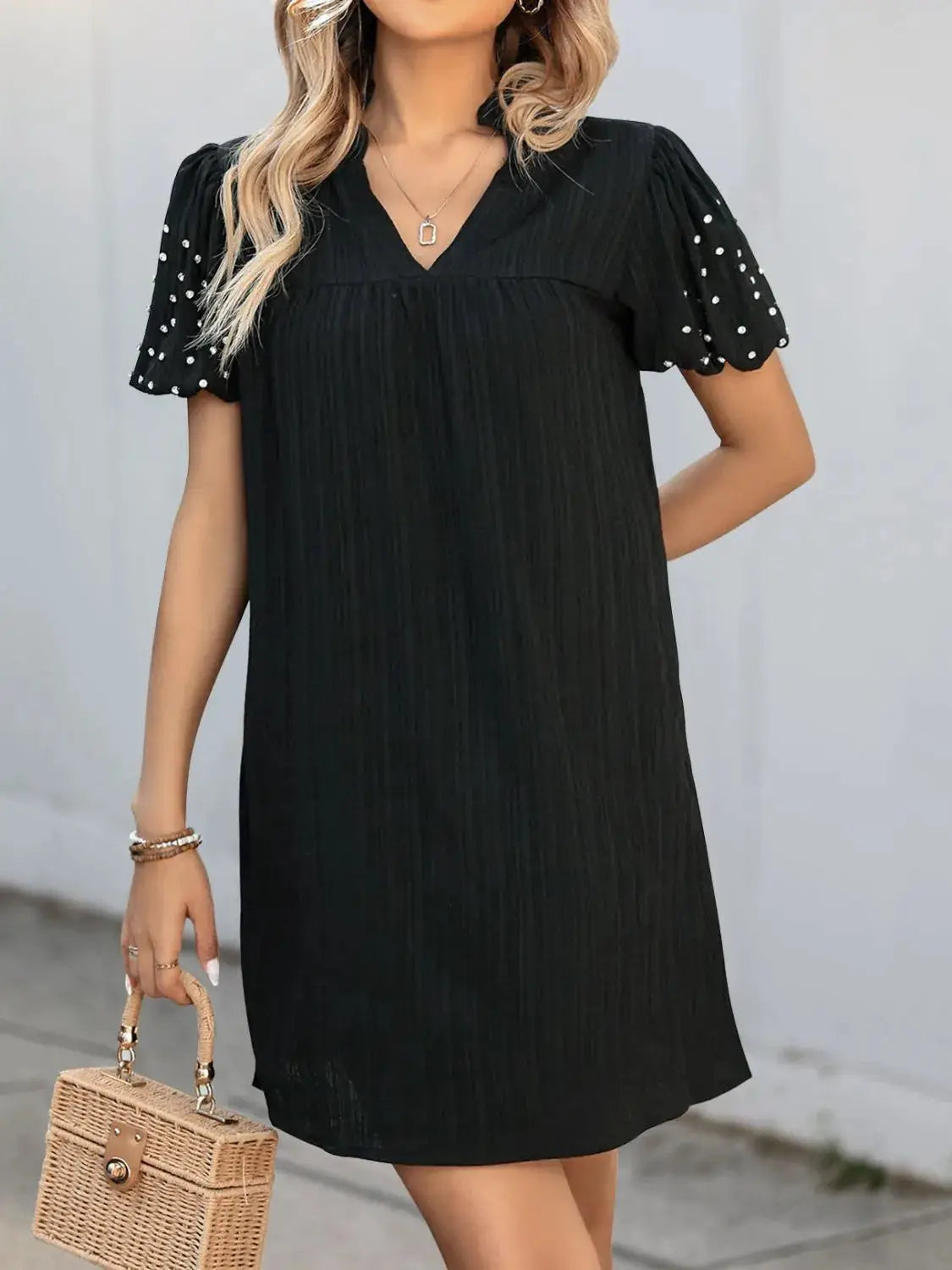 Textured V-Neck Short Sleeve Mini Dress - Clothes For Her Online Store