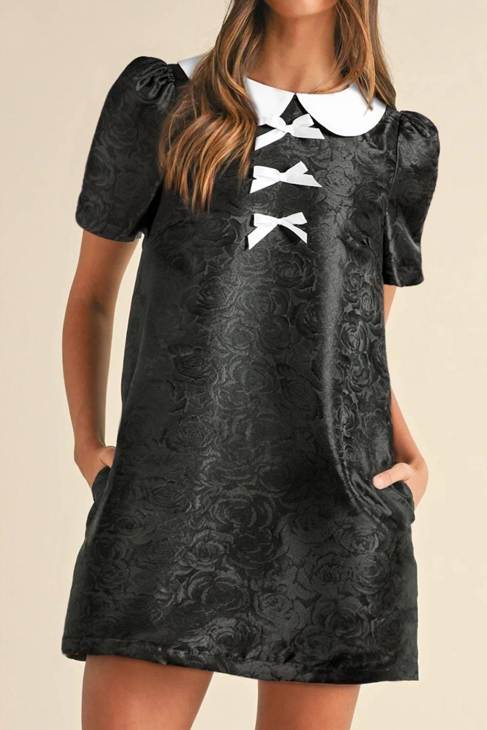 Floral Embossed Puff Sleeve Colorblock Bow Collared Mini Dress - Clothes For Her Online Store