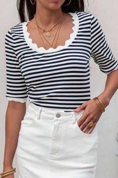 Striped Contrast Scallop Trim Half Sleeve T-shirt - Clothes For Her Online Store