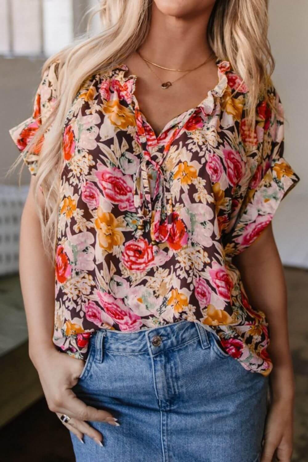 Floral Tie Neck Short Sleeve Blouse - Clothes For Her Online Store