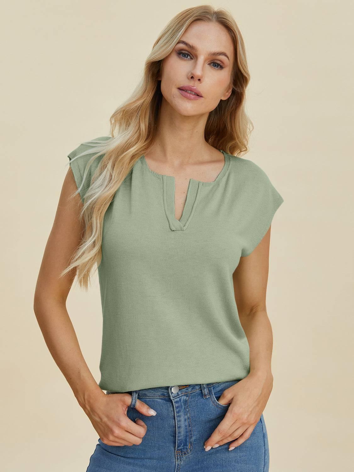 Double Take Full Size Notched Cap Sleeve Knit Top - Clothes For Her Online Store