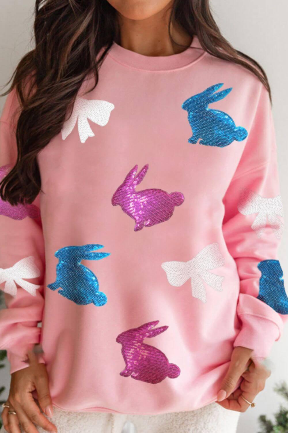 Easter Bunny Bow Knot Sequined Sweatshirt - Clothes For Her Online Store