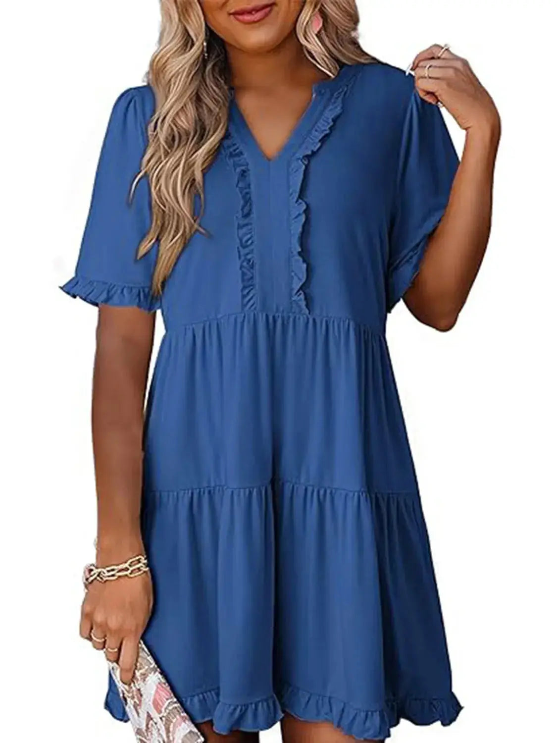 Tiered Notched Short Sleeve Mini Dress - Clothes For Her Online Store