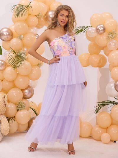 Embroidered Layered Single Shoulder Dress - Clothes For Her Online Store