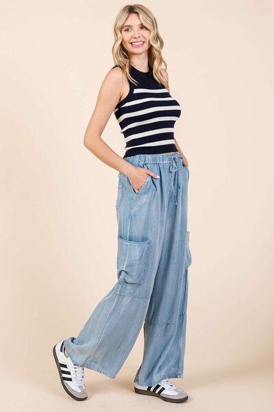 Mittoshop Washed Elastic Waist Cargo Wide Leg Pants - Clothes For Her Online Store