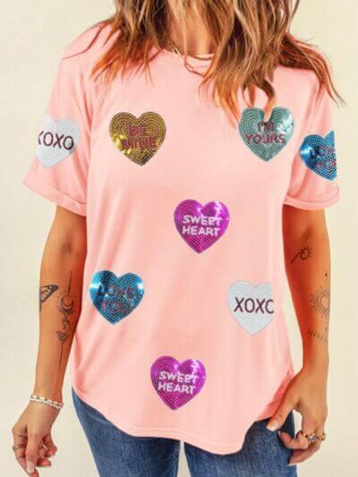 Valentine’s Day Sequin Heart Round Neck Short Sleeve T-Shirt - Clothes For Her Online Store