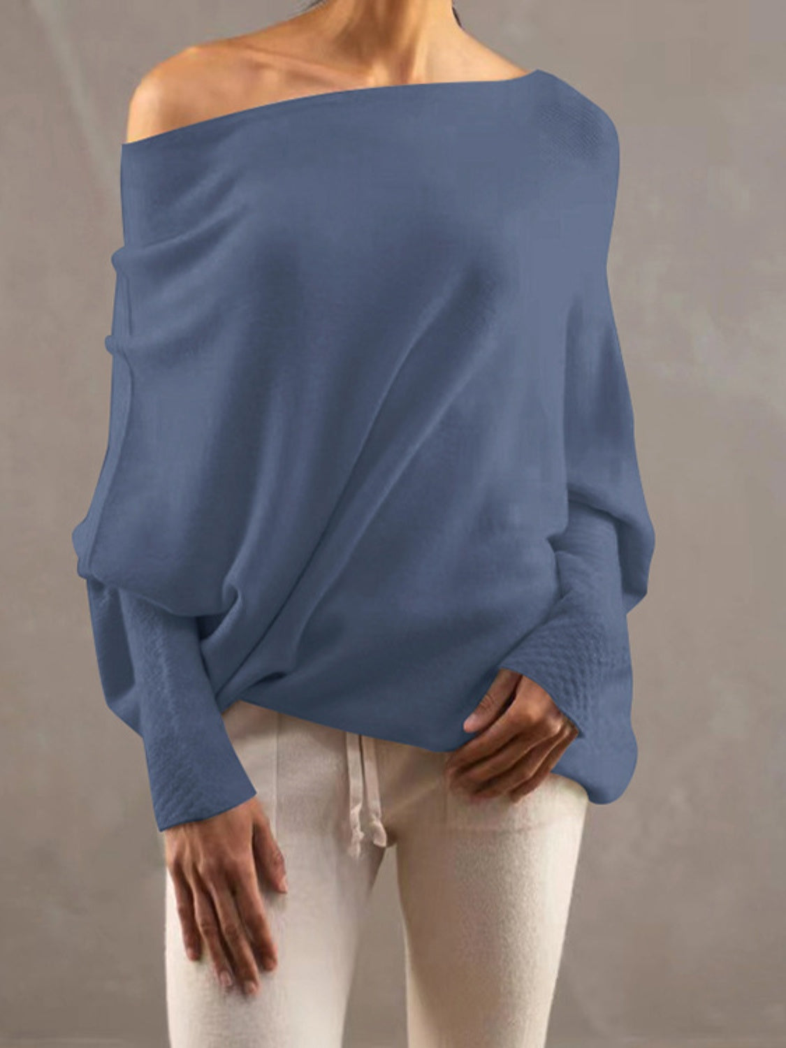 Full Size Boat Neck Batwing Sleeve Knit Top - Clothes For Her Online Store