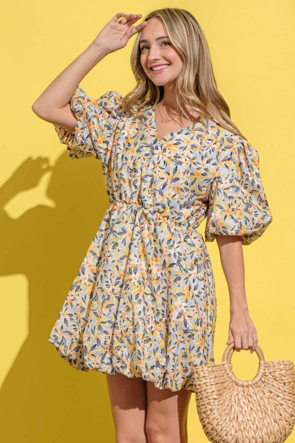 And The Why Full Size Floral Surplice Puff Sleeve Dress - Clothes For Her Online Store