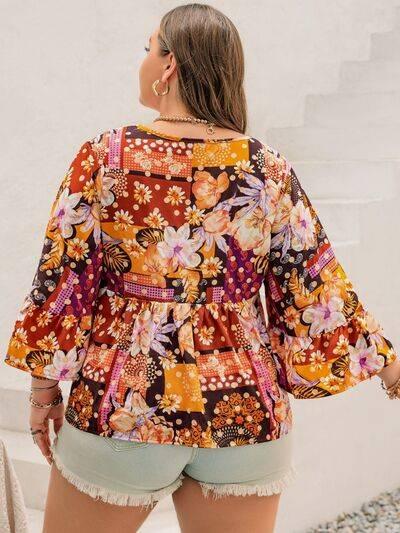 Plus Size Printed Tie Neck Blouse - Clothes For Her Online Store
