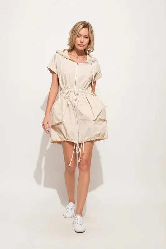 And The Why Short Sleeve String Details Hooded Mini Dress - Clothes For Her Online Store