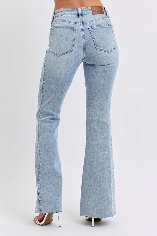 Judy Blue Full Size Midi Rise Rhinestone Side Panel Detail Flare Jeans Plus Size